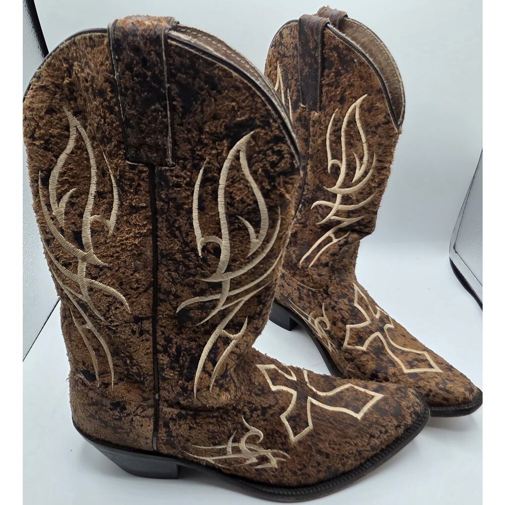 Women's 7.5 B Justin distressed faith cross embroidered cowboy boot flames - Picture 2 of 7